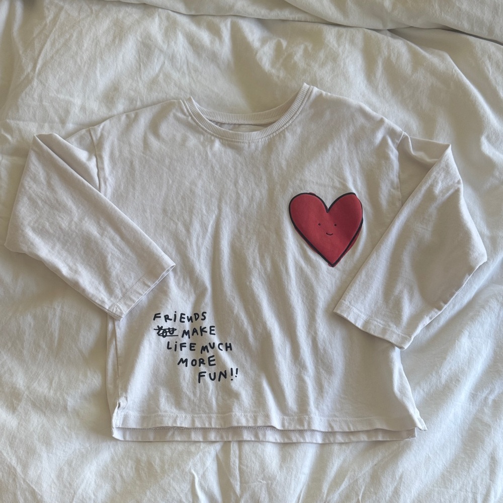 Zara White Long Sleeve Tee with Pink Heart Graphic, Size 5